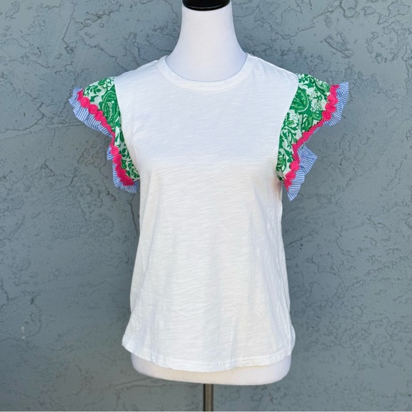 THML Tops - THML White Flutter Sleeve Top with Green Floral Blue Stripe and Pink Accents M